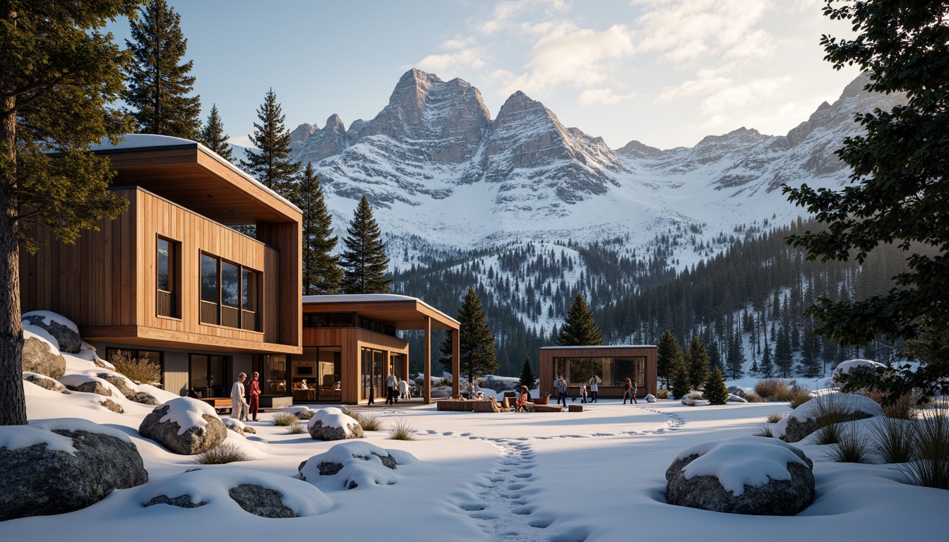 Prompt: Snow-capped mountains, rugged terrain, pine tree forests, wooden cabin-inspired architecture, large windows, sliding glass doors, clerestory windows, open floor plans, minimal interior decor, natural stone walls, wooden beams, earthy color palette, warm cozy lighting, soft morning light, dramatic shadows, atmospheric perspective, 1/1 composition, symmetrical framing, cinematic view, realistic textures, ambient occlusion.