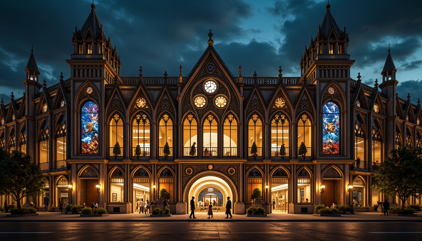 Prompt: Ornate Gothic stadium facade, intricate stone carvings, pointed arches, ribbed vaults, flying buttresses, grand entrance gates, majestic clock towers, vibrant stained glass windows, richly patterned metal doors, ornamental pinnacles, dramatic nighttime lighting, warm golden illumination, atmospheric fog effects, high-angle shot, 1/2 composition, cinematic camera movements, detailed textures, ambient occlusion.