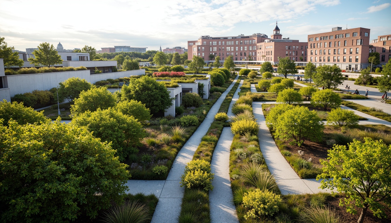 Prompt: Vibrant green roofs, lush living walls, earthy tone buildings, natural material textures, reclaimed wood accents, eco-friendly paint finishes, soft warm lighting, gentle color transitions, calming atmosphere, serene ambiance, sustainable design principles, minimal waste construction, recycled glass features, low-carbon footprint, energy-efficient systems, harmonious color harmony, organic shape structures, biophilic architecture, airy open spaces, natural ventilation systems.