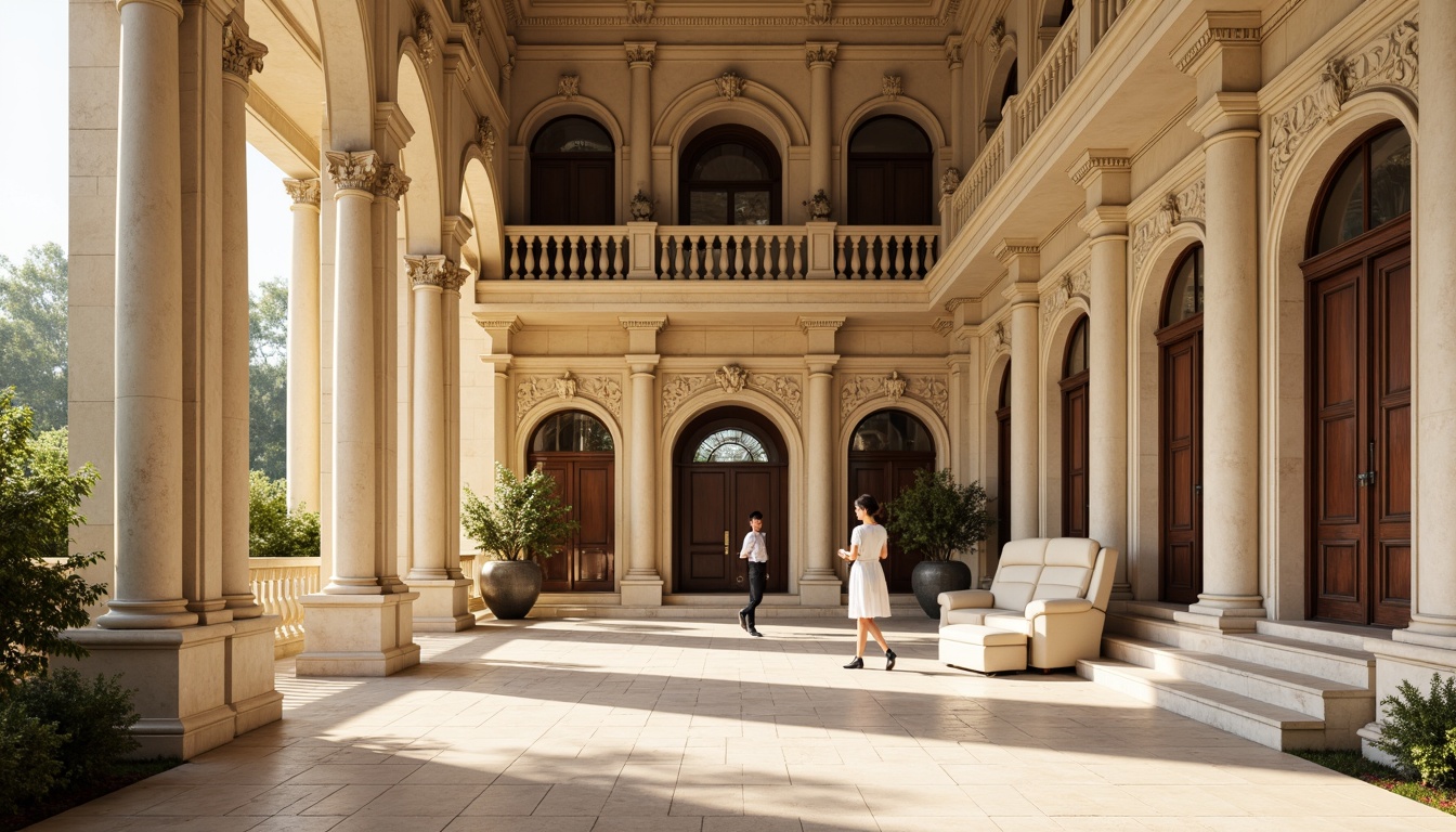 Prompt: Grand pavilion entrance, classical columns, ornate carvings, symmetrical facade, rusticated base, arched windows, balcony railings, ornamental balustrades, sculpted pediments, intricate moldings, creamy stone surfaces, subtle gradient shading, warm golden lighting, shallow depth of field, 1/1 composition, realistic textures, ambient occlusion.