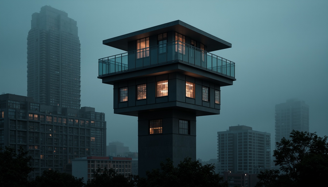 Prompt: Monochromatic watchtower, sleek metallic surfaces, bold black accents, vibrant neon lights, geometric patterned windows, minimalist design, urban cityscape, dense foggy atmosphere, dramatic backlighting, high contrast ratio, cinematic composition, low-angle shot, atmospheric mist, modernist architecture, industrial materials, brutalist structure, functional simplicity, clean lines, right angles, concrete textures, nighttime ambiance.