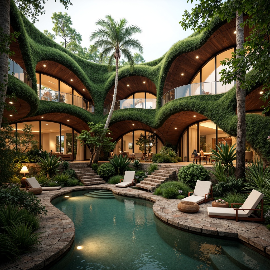 Prompt: Organic building forms, curvaceous lines, earthy tones, natural stone facades, wooden accents, lush green walls, botanical patterns, leaf-inspired motifs, branch-like structures, flower-petal shapes, water features, reflective pools, rustic textures, weathered wood, moss-covered roofs, vines crawling up walls, warm ambient lighting, soft focus photography, shallow depth of field, 1/2 composition.