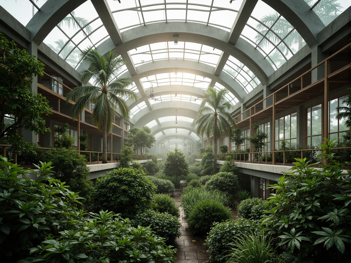 Prompt: Lush greenery, tropical plants, misty atmosphere, curved glass roofs, steel frame structures, wooden trellises, natural ventilation systems, clerestory windows, solar panels, rainwater harvesting systems, organic forms, flowing curves, minimalist design, earthy tones, warm natural lighting, shallow depth of field, 1/1 composition, realistic textures, ambient occlusion.