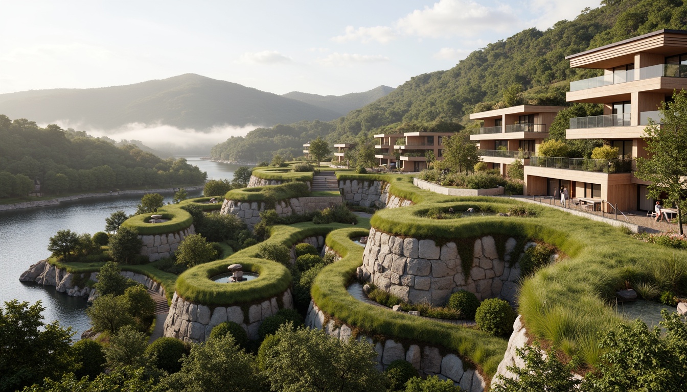 Prompt: Harmonious building integration, lush green roofs, native plant species, organic curves, natural stone walls, wooden accents, expansive glass facades, seamless landscape transitions, rolling hills, serene lakeside, misty morning atmosphere, soft warm lighting, shallow depth of field, 3/4 composition, panoramic view, realistic textures, ambient occlusion.Please let me know if this meets your requirements!