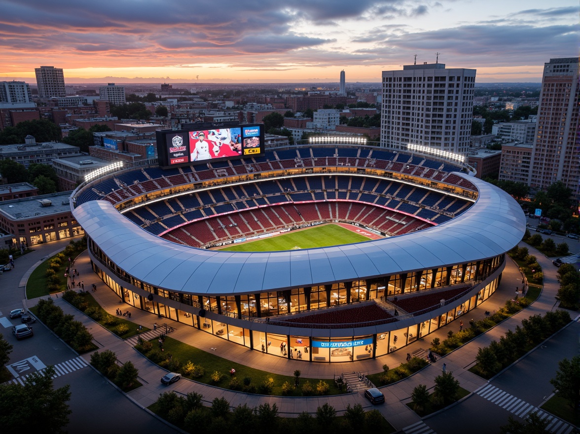 Prompt: Modern stadium architecture, fusion of functional spaces, sleek curved lines, dynamic LED lighting, vibrant team colors, premium seating areas, luxurious VIP lounges, state-of-the-art sports equipment, advanced scoreboard systems, expansive concourses, food and beverage concessions, souvenir shops, interactive exhibits, immersive brand experiences, futuristic restroom facilities, accessible pedestrian ramps, elevated walkways, urban cityscape views, dramatic evening skyline, warm golden lighting, shallow depth of field, 2/3 composition, realistic textures, ambient occlusion.