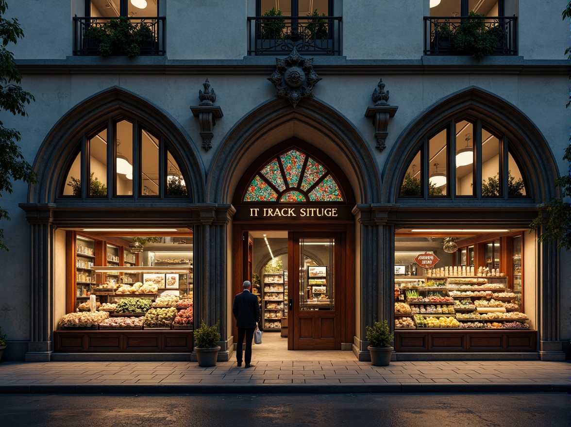 Prompt: Gothic-inspired grocery store facade, ornate stone carvings, pointed arch windows, ribbed vaults, flying buttresses, grand entrance, heavy wooden doors, iron hinges, stained glass windows, intricate mosaics, dark mysterious atmosphere, dramatic lighting, misty morning, shallow depth of field, 1/1 composition, realistic textures, ambient occlusion, vibrant color accents, ornate metalwork, luxurious materials.