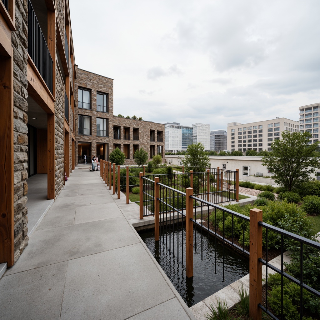 Prompt: Rustic stone walls, smooth concrete floors, rough-hewn wooden accents, sleek metal railings, vibrant green roofs, industrial-style windows, modern minimalist architecture, urban cityscape background, cloudy overcast sky, soft warm lighting, shallow depth of field, 1/1 composition, realistic textures, ambient occlusion, natural material palettes, earthy color schemes.