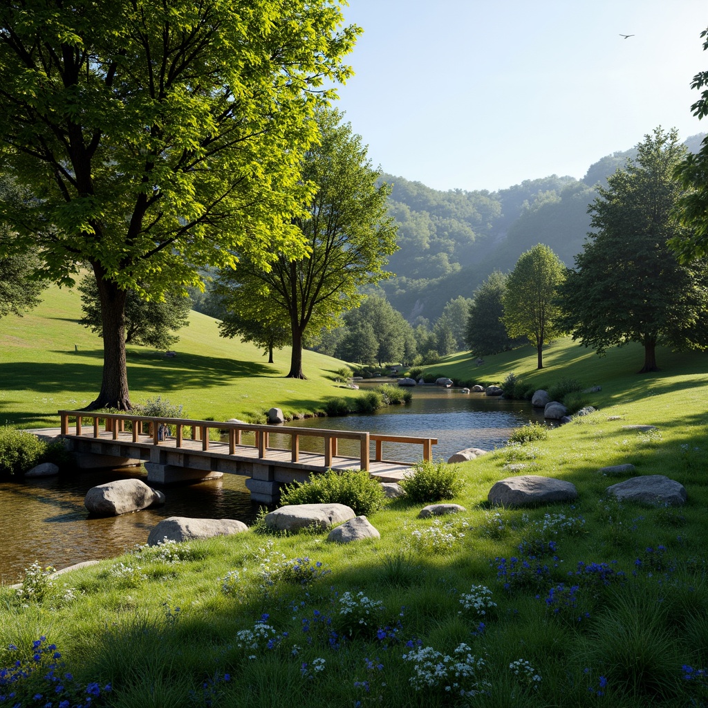 Prompt: Serene natural surroundings, lush greenery, meandering waterways, rustic stone bridges, wooden railings, gentle slopes, wildflower gardens, soft grassy banks, tranquil atmosphere, warm sunny day, dappled shade, subtle misting, shallow depth of field, 3/4 composition, panoramic view, realistic textures, ambient occlusion.