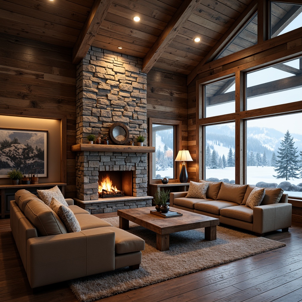 Prompt: Rustic ski lodge, wooden accents, stone fireplaces, natural textiles, earthy color palette, reclaimed wood walls, exposed beams, cozy atmosphere, snow-capped mountains, frozen lakes, pine tree forests, misty mornings, warm lighting, soft focus, shallow depth of field, 1/2 composition, realistic textures, ambient occlusion.