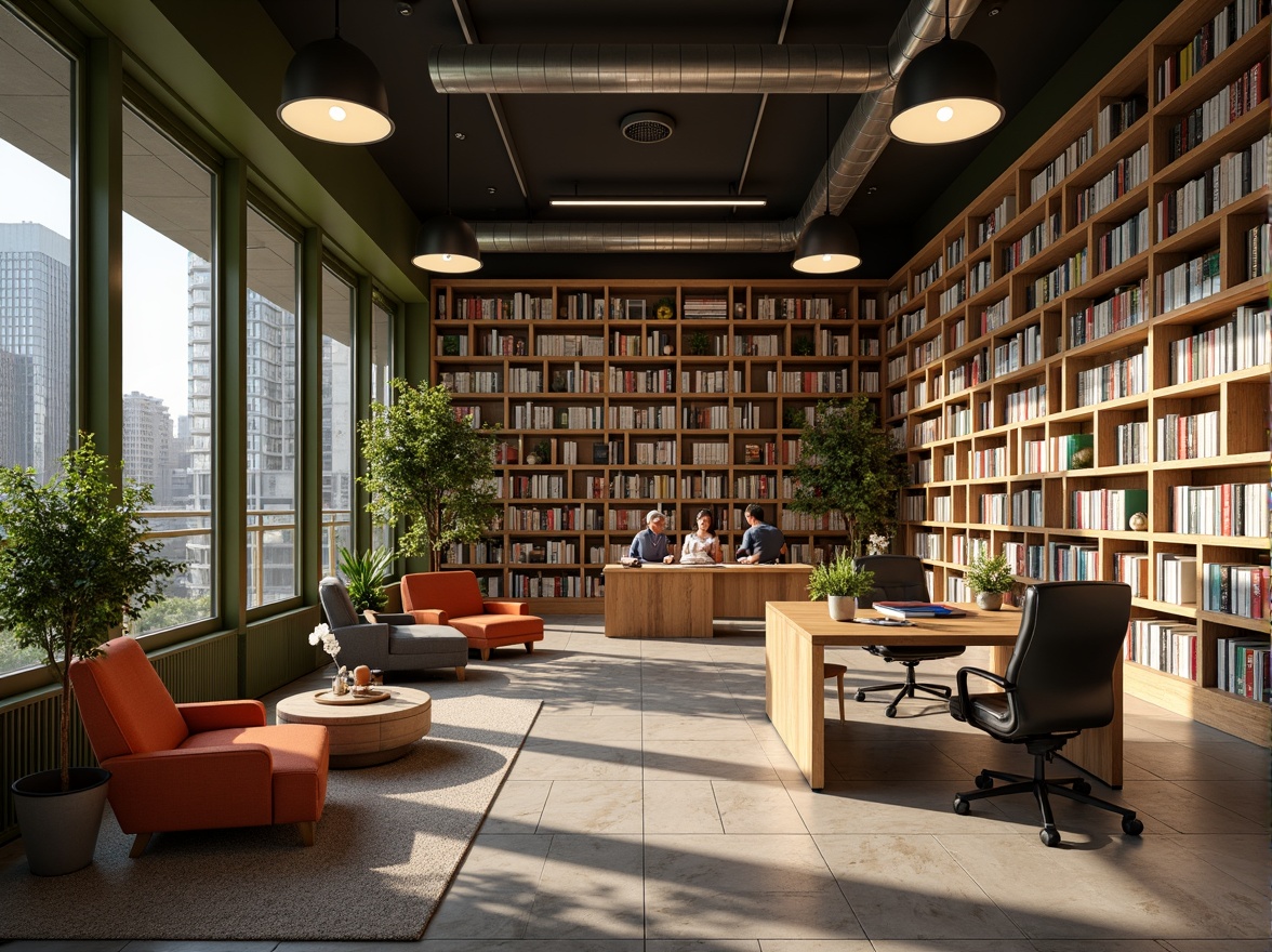 Prompt: Cozy reading nooks, comfortable seating areas, warm wooden shelving, vibrant book collections, modern minimalist desks, ergonomic chairs, soft warm lighting, natural stone flooring, green walls, living plants, calming color schemes, open floor plans, high ceilings, large windows, city views, quiet atmosphere, subtle background noise, 1/1 composition, shallow depth of field, realistic textures.