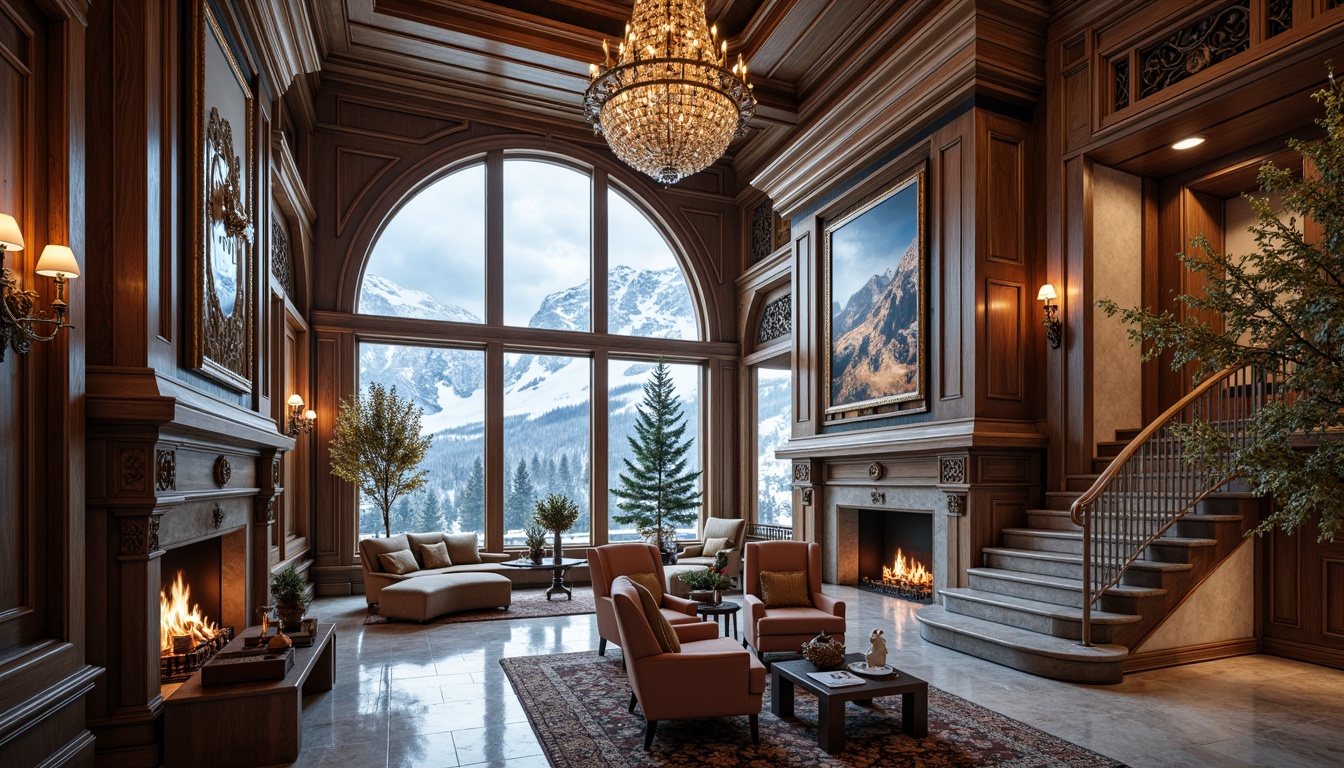 Prompt: Luxurious ski resort, grandiose architecture, ornate detailing, Baroque style, gilded accents, intricate carvings, sweeping curves, dramatic lighting, snow-capped mountains, frozen lakes, evergreen trees, frosty mornings, warm fireplaces, rich wood textures, opulent furnishings, regal atmosphere, lavish chandeliers, marble floors, intricate moldings, grand staircases, ornate mirrors, lavish decor, golden fixtures, soft warm lighting, shallow depth of field, 1/1 composition, realistic reflections.