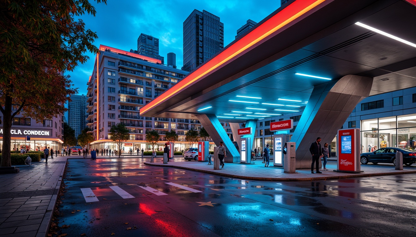 Prompt: Sleek gas station, futuristic architecture, angular lines, metallic structures, neon signage, LED lights, reflective glass surfaces, cantilevered canopies, steel beams, industrial materials, concrete foundations, bold color schemes, abstract patterns, geometric shapes, modernist design, urban landscape, busy streets, vibrant city life, shallow depth of field, 3/4 composition, panoramic view, realistic textures, ambient occlusion.