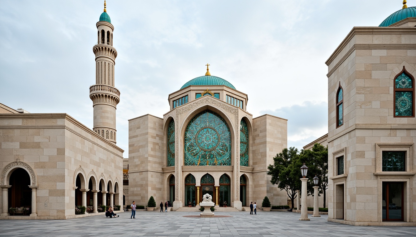 Prompt: Minaret, grand dome, intricate arches, ornate columns, Islamic-inspired patterns, vibrant turquoise tiles, golden accents, stained glass windows, minimalist ornamentation, clean lines, rectangular forms, flat roofs, neutral color palette, natural stone fa\u00e7ade, modern materials integration, abstract sculptures, subtle lighting effects, high contrast ratios, 1/1 composition, symmetrical framing, soft focus, ambient shadows.