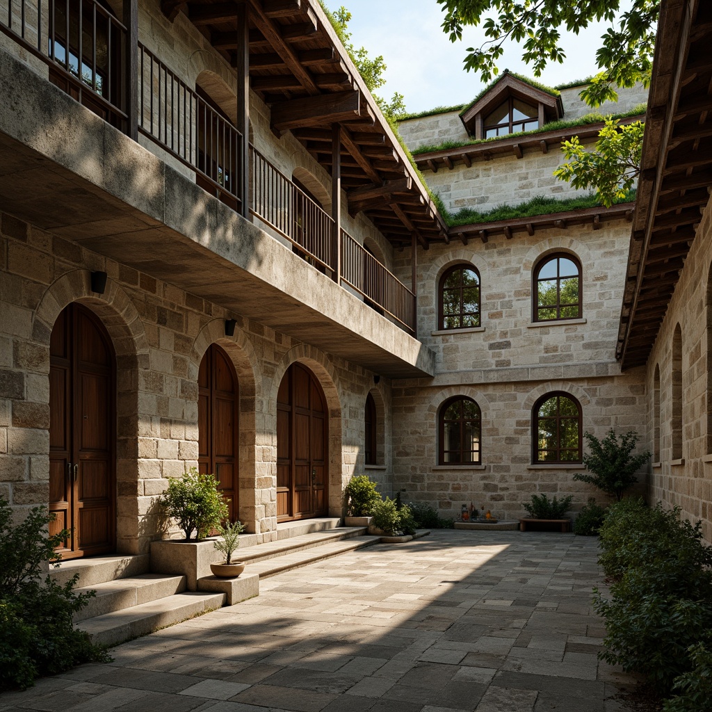 Prompt: Rustic monastery, stone walls, curved arches, ornate carvings, wooden accents, natural materials, earthy tones, moss-covered roofs, overgrown vegetation, serene atmosphere, warm soft lighting, shallow depth of field, 1/1 composition, intimate framing, realistic textures, ambient occlusion, organic forms, smooth curves, handcrafted details, spiritual ambiance.