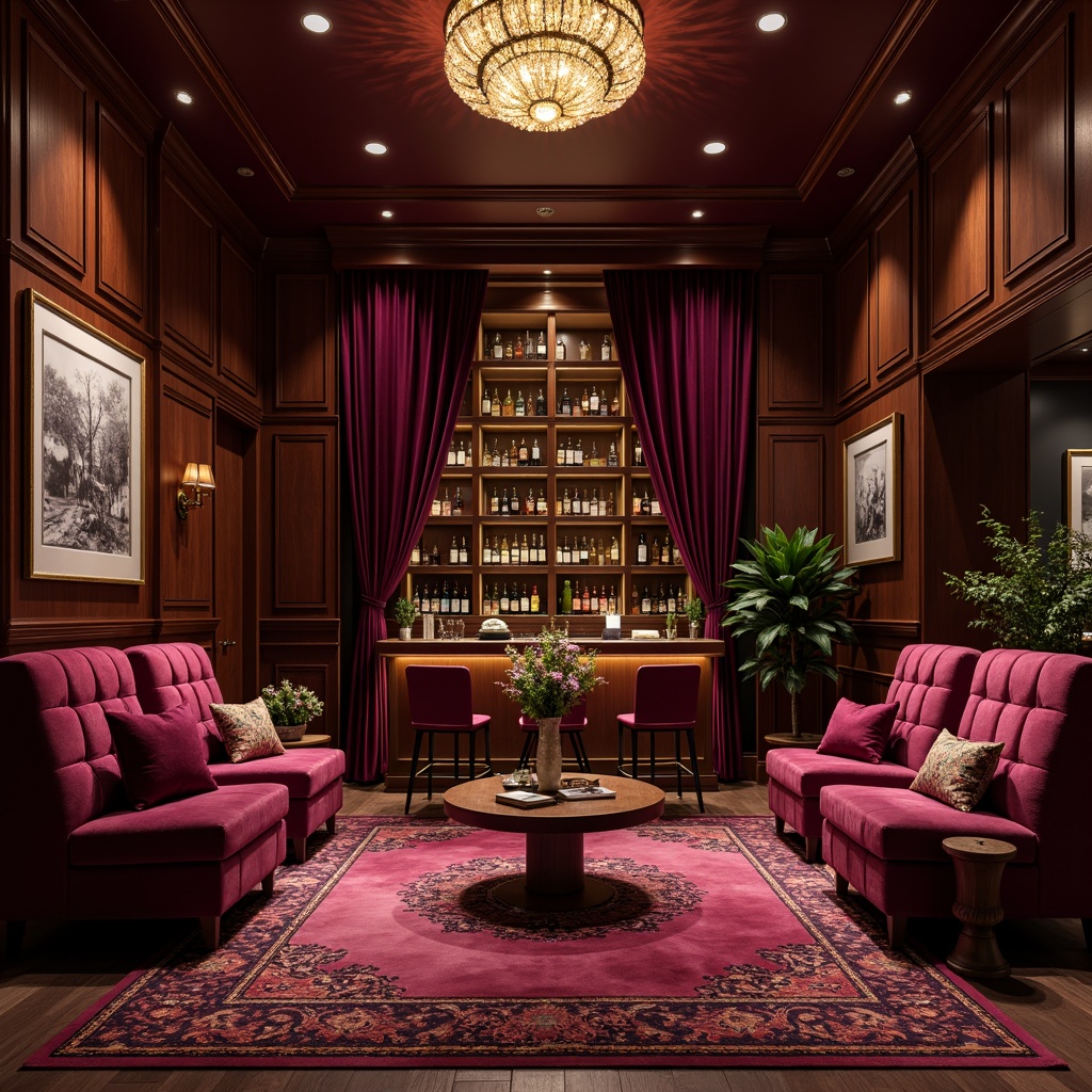 Prompt: Rich plum hues, warm berry tones, luxurious velvet fabrics, ornate gold accents, sophisticated modern interiors, elegant lounge spaces, refined cocktail bars, intimate wine cellars, dark wood paneling, rich jewel-toned rugs, dramatic chandelier lighting, subtle gradient effects, 1/1 composition, realistic reflections, ambient occlusion.