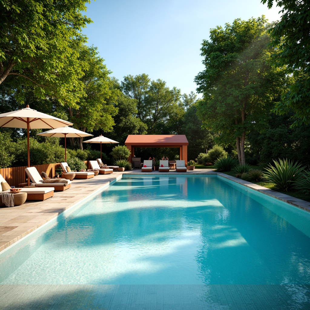 Prompt: Lush greenery surroundings, sparkling blue pool water, sun-kissed deck, comfortable lounge chairs, colorful outdoor umbrellas, natural stone pathways, modern outdoor furniture, refreshing misting systems, warm sunny day, soft focus lighting, 1/2 composition, serene atmosphere, realistic textures, ambient occlusion.