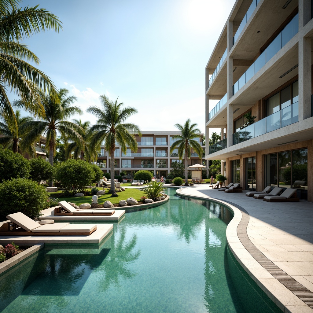 Prompt: Curved infinity pool, fusion architecture style, sleek modern buildings, glass railings, stainless steel ladders, turquoise water, natural stone decking, tropical palm trees, sunny day, warm soft lighting, shallow depth of field, 1/1 composition, symmetrical reflection, realistic water textures, ambient occlusion, futuristic design elements, minimalist landscaping, elegant outdoor furniture, luxurious resort atmosphere.