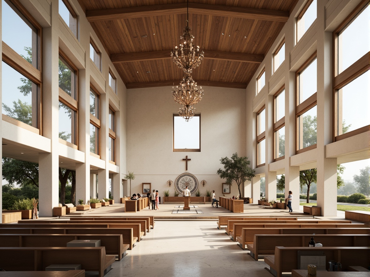 Prompt: Minimalist worship hall, high ceilings, large windows, natural light, neutral color palette, simple furniture, geometric patterns, abstract symbols, ornate fixtures, intricate mosaics, grandiose chandeliers, polished marble floors, ornamental railings, sacred texts, devotional artifacts, soft warm lighting, 1/1 composition, realistic textures, ambient occlusion.