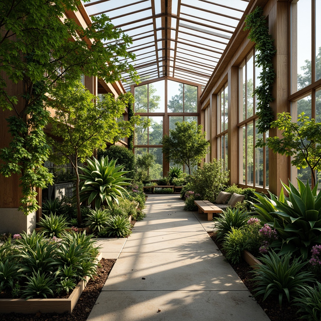 Prompt: Tropical greenhouse interior, lush greenery, exotic plants, natural stone flooring, wooden trellises, climate-controlled atmosphere, large glass windows, solar panels, rainwater harvesting systems, composting facilities, organic gardening tools, eco-friendly irrigation systems, minimal waste design, recycling stations, educational signs, warm soft lighting, shallow depth of field, 1/2 composition, realistic textures, ambient occlusion.