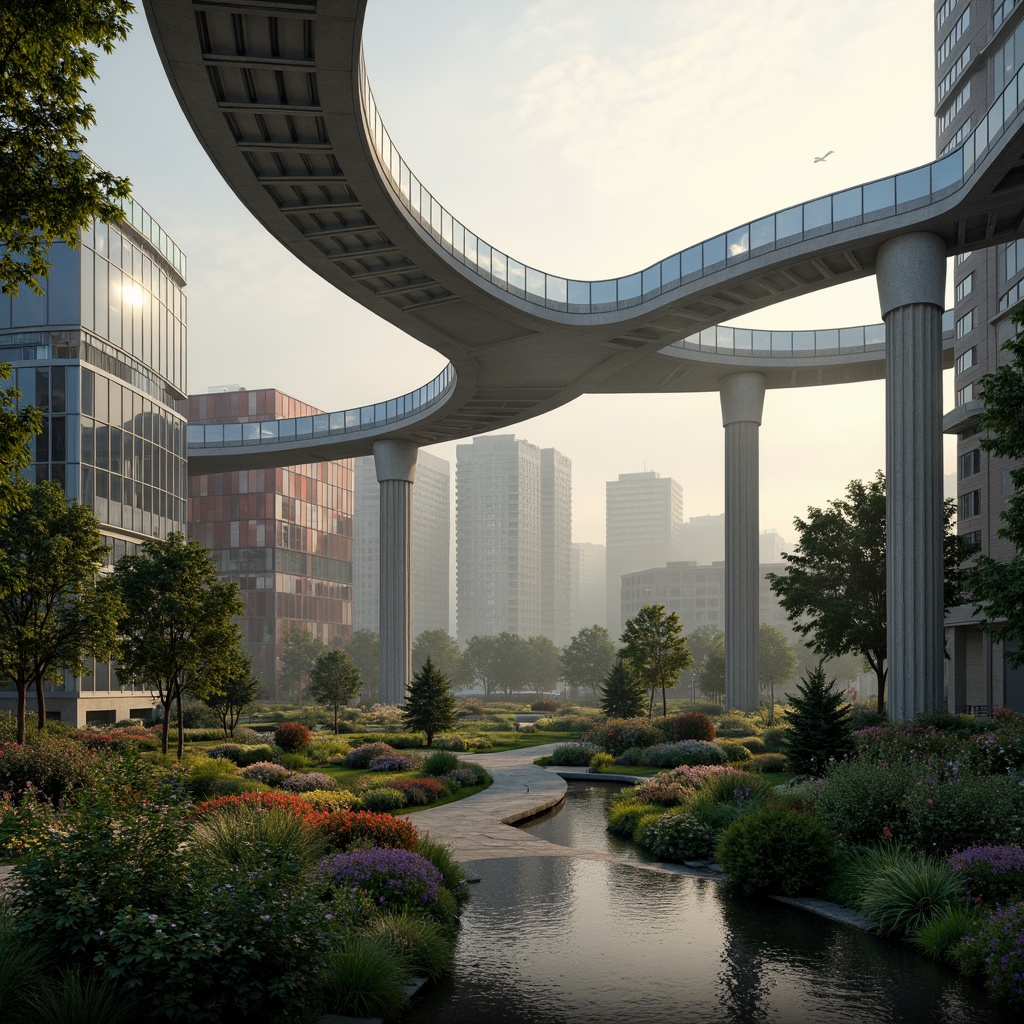 Prompt: Curved blob-like bridges, undulating organic forms, twisted metal structures, iridescent glass panels, bioluminescent lighting, futuristic urban landscape, misty morning atmosphere, soft warm illumination, shallow depth of field, 3/4 composition, panoramic view, realistic textures, ambient occlusion, lush greenery, vibrant flowers, natural stone walkways, water features, reflection pools, meandering pedestrian paths, innovative materials, sustainable energy solutions.