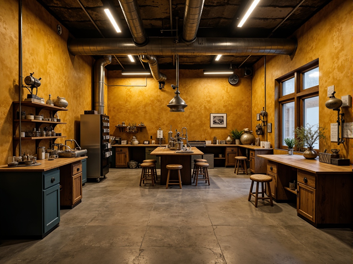 Prompt: Rugged laboratory interior, ochre walls, exposed ductwork, industrial lighting, metallic equipment, brutalist architecture, raw concrete floors, distressed wood accents, vintage scientific instruments, worn leather stools, minimalist decor, moody ambient lighting, shallow depth of field, 2/3 composition, cinematic view, realistic textures, subtle atmospheric effects.