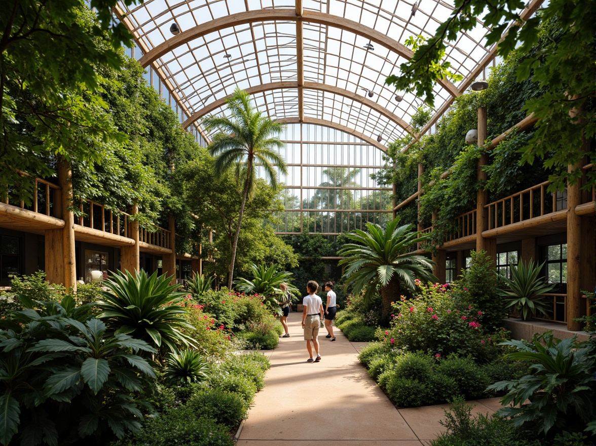 Prompt: Tropical greenhouse interior, lush greenery, exotic flowers, natural ventilation systems, clerestory windows, solar panels, rainwater harvesting systems, recycled materials, bamboo structures, organic shapes, minimal carbon footprint, energy-efficient systems, automated climate control, misting irrigation systems, warm soft lighting, shallow depth of field, 3/4 composition, panoramic view, realistic textures, ambient occlusion.