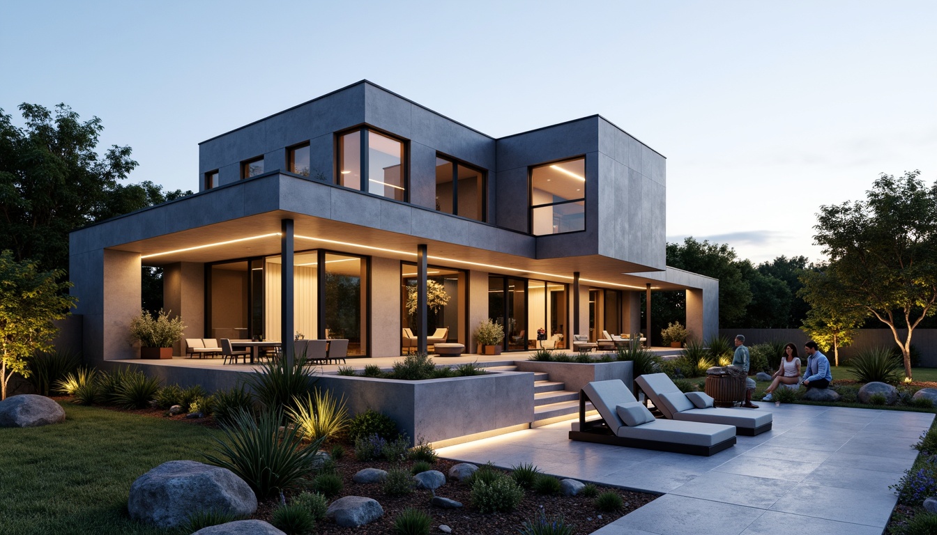 Prompt: Minimalist modern home, sleek lines, flat roofs, large windows, industrial materials, urban landscape, paved walkways, geometric planters, succulent gardens, drought-tolerant plants, statement lighting, warm ambiance, 1/1 composition, shallow depth of field, realistic textures, ambient occlusion.