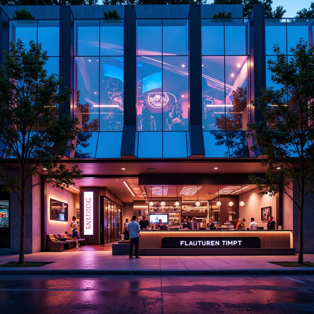 Prompt: Neon-lit restaurant exterior, futuristic metallic facade, curved glass walls, angular steel beams, minimalist signage, holographic advertisements, LED light strips, iridescent color scheme, mirror-like reflections, sleek cantilevered canopies, automated sliding doors, high-tech kitchen equipment, robotic food preparation, cyberpunk-inspired interior design, neon-lit cocktail bars, virtual reality dining experiences, immersive ambient lighting, 3/4 composition, shallow depth of field, panoramic view.