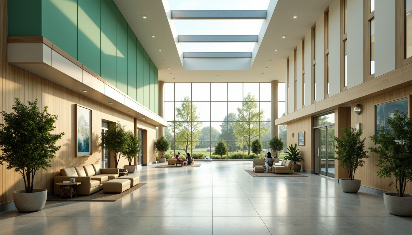 Prompt: Spacious hospital lobby, abundant natural light, clerestory windows, skylights, solar tubes, bright corridors, large windows, minimalist interior design, reflective surfaces, polished floors, green walls, living plants, calming ambiance, warm color scheme, comfortable seating areas, relaxation zones, soft gentle lighting, shallow depth of field, 1/1 composition, panoramic view, realistic textures, ambient occlusion.