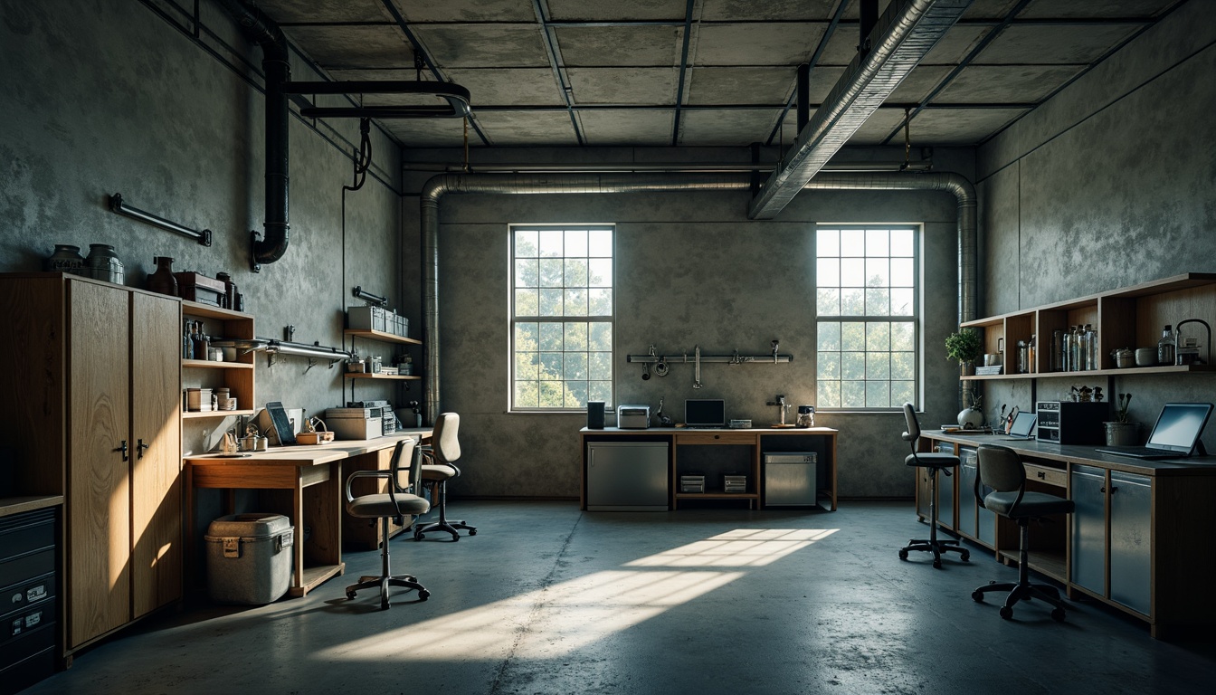 Prompt: Rugged laboratory setting, exposed concrete walls, brutalist architecture style, industrial metal pipes, distressed wooden accents, minimalist decor, functional lighting fixtures, stainless steel equipment, medical machinery, scientific instruments, raw unfinished textures, cold harsh lighting, high contrast shadows, dramatic composition, cinematic mood, realistic render, ambient occlusion.