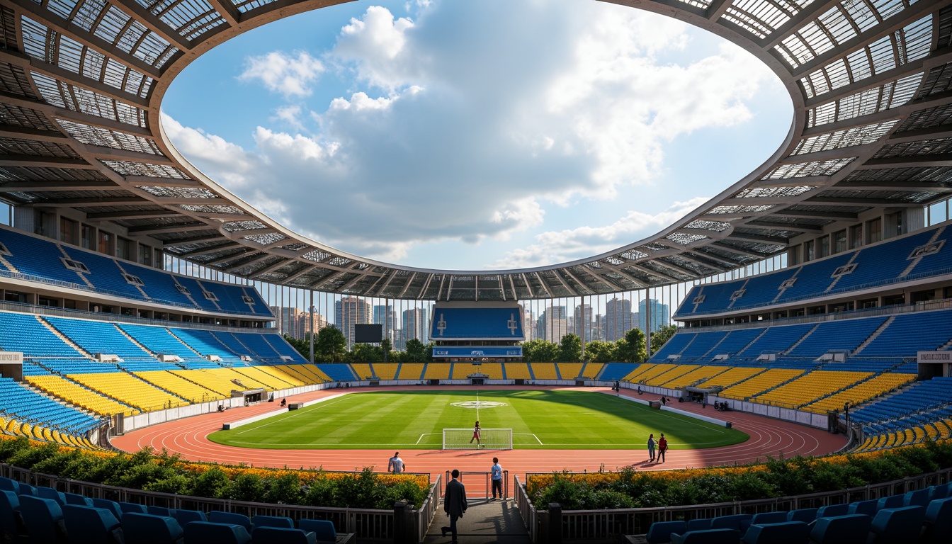 Prompt: Vibrant sports stadium, fusion architecture, bold color scheme, electric blue seats, bright yellow accents, deep orange track, lush green turf, metallic silver beams, glass fa\u00e7ade, modern LED lighting, dynamic shadows, dramatic arches, sweeping curves, grand entrance gates, urban cityscape backdrop, cloudy sky with sunbeams, shallow depth of field, 1/1 composition, realistic textures, ambient occlusion.