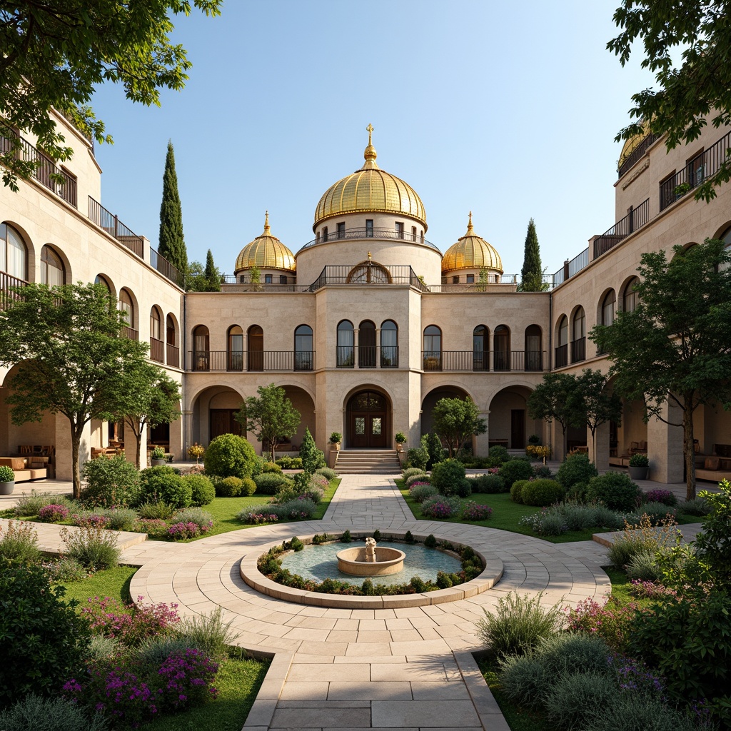 Prompt: Majestic Byzantine palace, intricately carved stone facades, ornate golden domes, lush green gardens, tranquil fountains, serene courtyards, rustic stone walkways, vibrant Mediterranean flowers, olive trees, cypress trees, warm sunny day, soft diffused lighting, 1/2 composition, symmetrical framing, realistic textures, ambient occlusion.