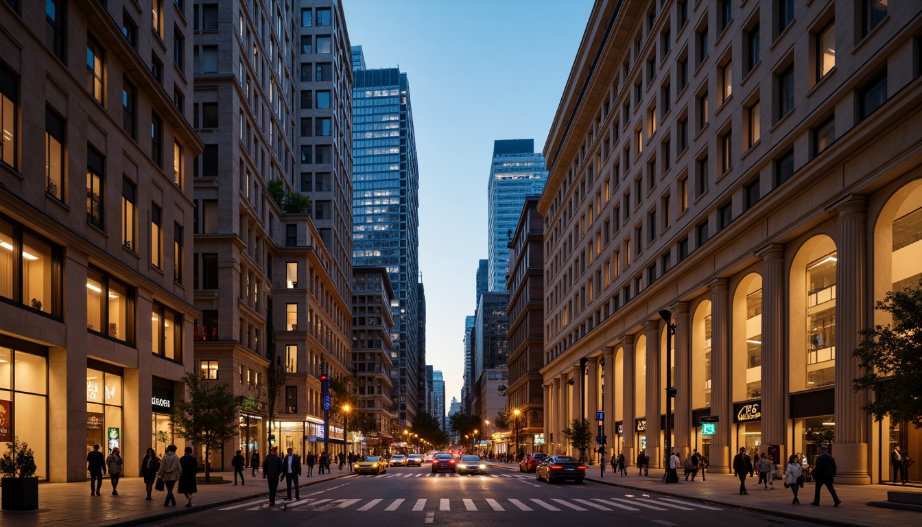 Prompt: Grand neoclassical buildings, ornate facades, Corinthian columns, symmetrical compositions, elegant archways, refined stonework, urban cityscape, bustling streets, modern skyscrapers, vibrant streetlights, nightfall ambiance, warm golden lighting, shallow depth of field, 3/4 composition, realistic textures, ambient occlusion.