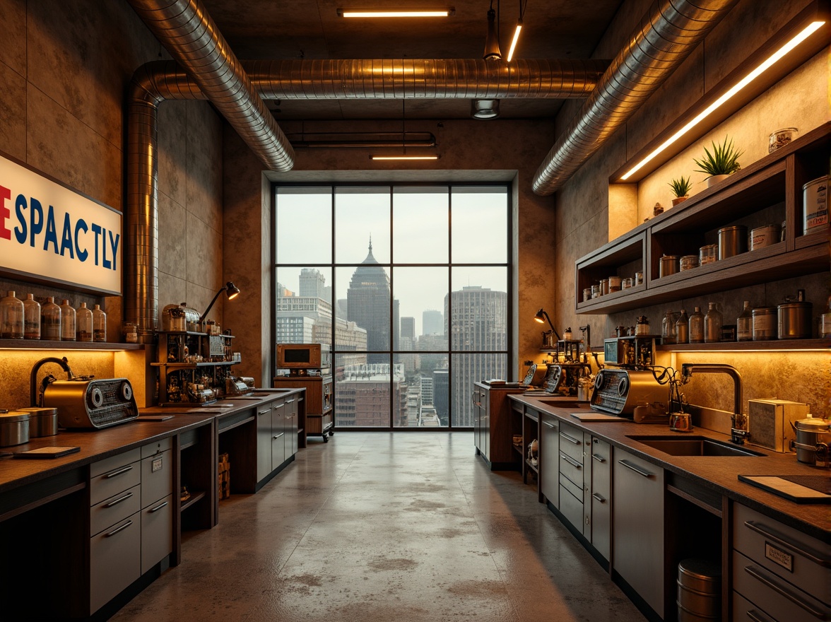 Prompt: Industrial laboratory, brutalist architecture, ochre hues, earthy tones, concrete textures, metal accents, exposed ductwork, minimalist lighting, sterile equipment, futuristic machinery, modular shelving, epoxy resin countertops, steel cabinetry, neon signage, urban cityscape, overcast sky, dramatic shadows, high contrast lighting, 1/2 composition, cinematic framing, gritty realistic render.