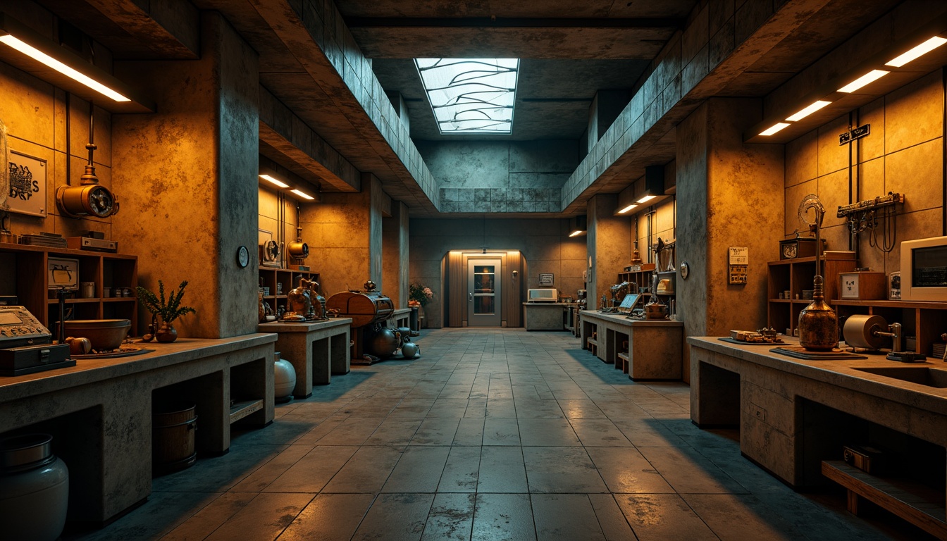 Prompt: Gloomy laboratory setting, brutalist architecture, ochre-hued concrete walls, exposed ductwork, industrial steel beams, distressed metal pipes, worn wooden accents, retro-futuristic equipment, vintage scientific instruments, dimly lit corridors, eerie shadows, cold harsh lighting, 1/1 composition, high contrast ratio, gritty textures, ambient noise, industrial ambiance, mysterious atmosphere.