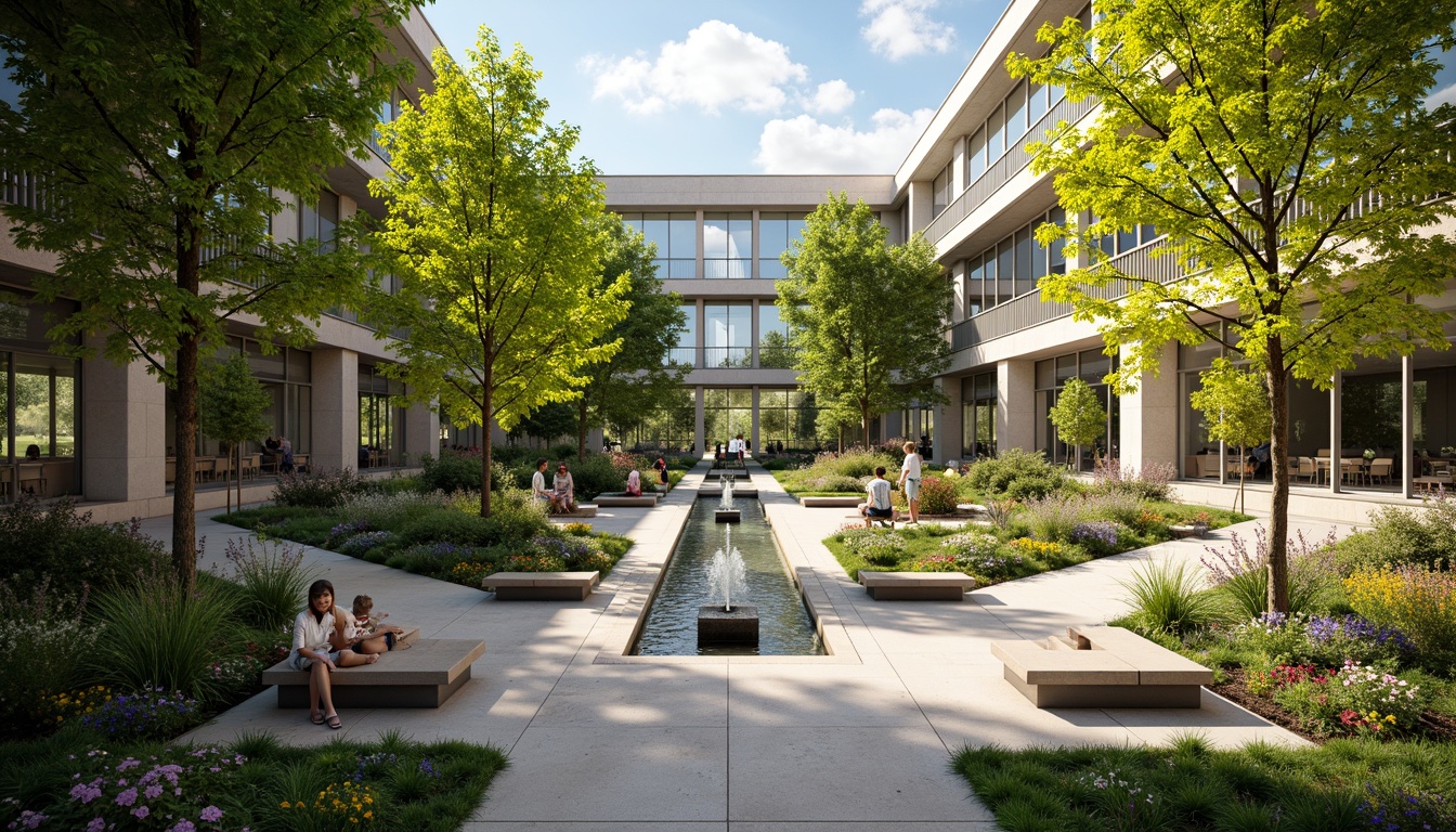 Prompt: Serene library courtyard, lush greenery, vibrant flowers, meandering walkways, natural stone benches, reading nooks, water features, fountain shows, modern architecture, large windows, glass doors, blooming trees, sunny day, soft warm lighting, shallow depth of field, 3/4 composition, panoramic view, realistic textures, ambient occlusion.