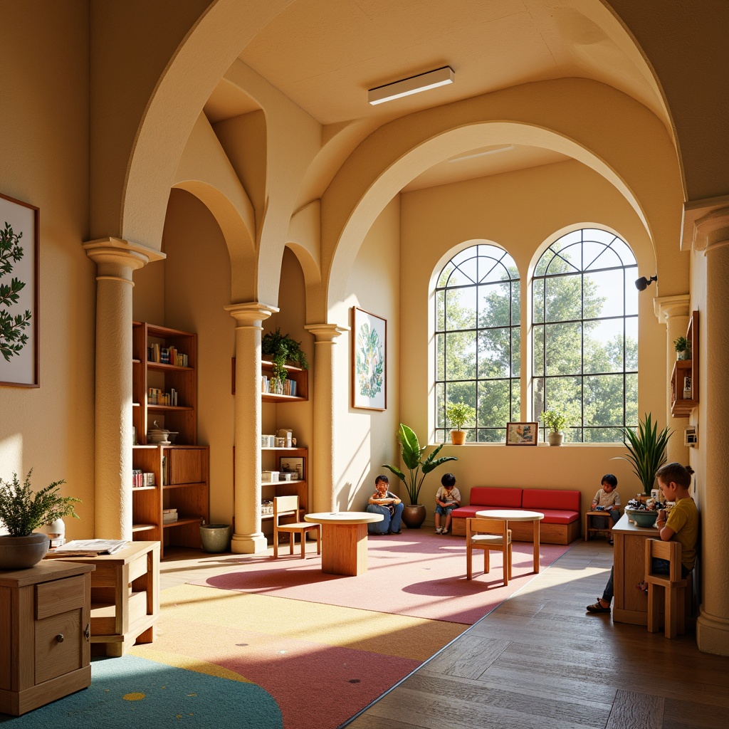 Prompt: Vibrant kindergarten interior, Romanesque arches, warm beige walls, colorful murals, wooden furniture, rounded columns, soft carpet flooring, natural light pouring in, stained glass windows, cozy reading nooks, circular tables, tiny chairs, educational toys, playful decorations, whimsical illustrations, gentle warm lighting, shallow depth of field, 1/1 composition, intimate atmosphere, realistic textures, ambient occlusion.