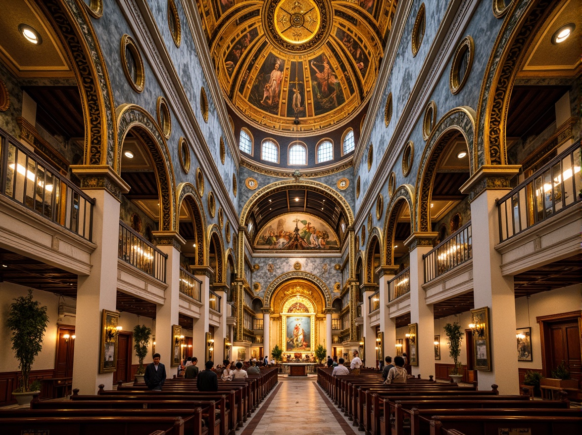 Prompt: Intricate mosaics, golden domes, ornate crosses, lavish frescoes, curved archways, marble columns, ornamental capitals, intricate stone carvings, vibrant apse murals, grandiose vaulted ceilings, richly patterned textiles, luxurious jewel-toned accents, warm ambient lighting, shallow depth of field, 2/3 composition, symmetrical framing, high-contrast imagery, detailed textures, realistic materials.