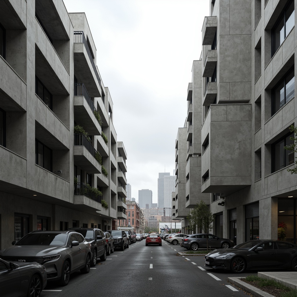 Prompt: Raw concrete structures, brutalist fa\u00e7ades, fortress-like buildings, industrial materials, exposed ductwork, minimalist ornaments, functional simplicity, rectangular forms, bold geometric shapes, dramatic cantilevers, rugged textures, urban landscapes, city skylines, cloudy skies, diffused natural light, low-key color palette, atmospheric mist, 1-point perspective, symmetrical composition, high-contrast lighting, detailed 3D models, realistic renderings.