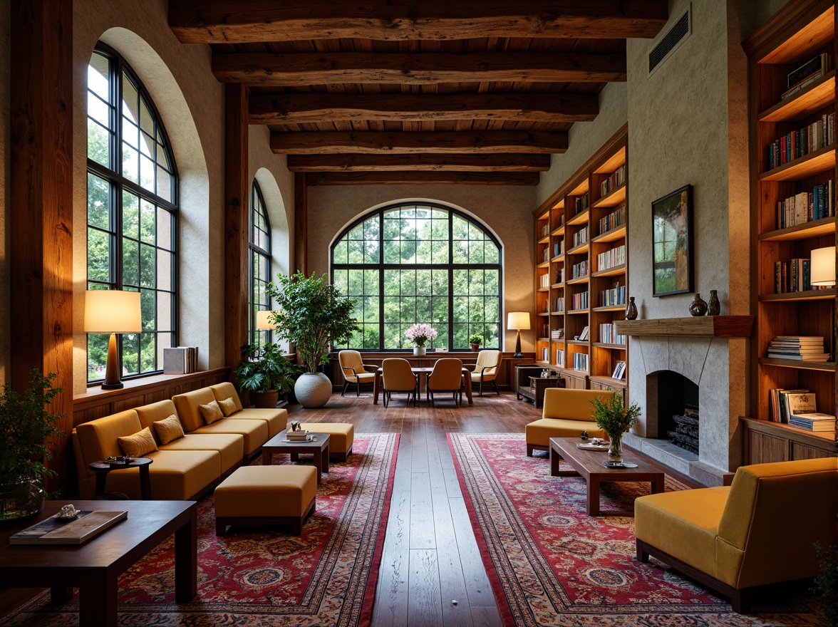 Prompt: Cozy library interior, warm wooden bookshelves, comfortable reading nooks, plush armchairs, soft warm lighting, rich wood accents, elegant archways, large windows, natural stone walls, rustic metal beams, vibrant colorful rugs, lush greenery, calm atmosphere, quiet ambiance, modern minimalist furniture, sleek wooden tables, ergonomic chairs, ample natural light, subtle fragrance, peaceful surroundings, 1/1 composition, shallow depth of field, soft focus effect.