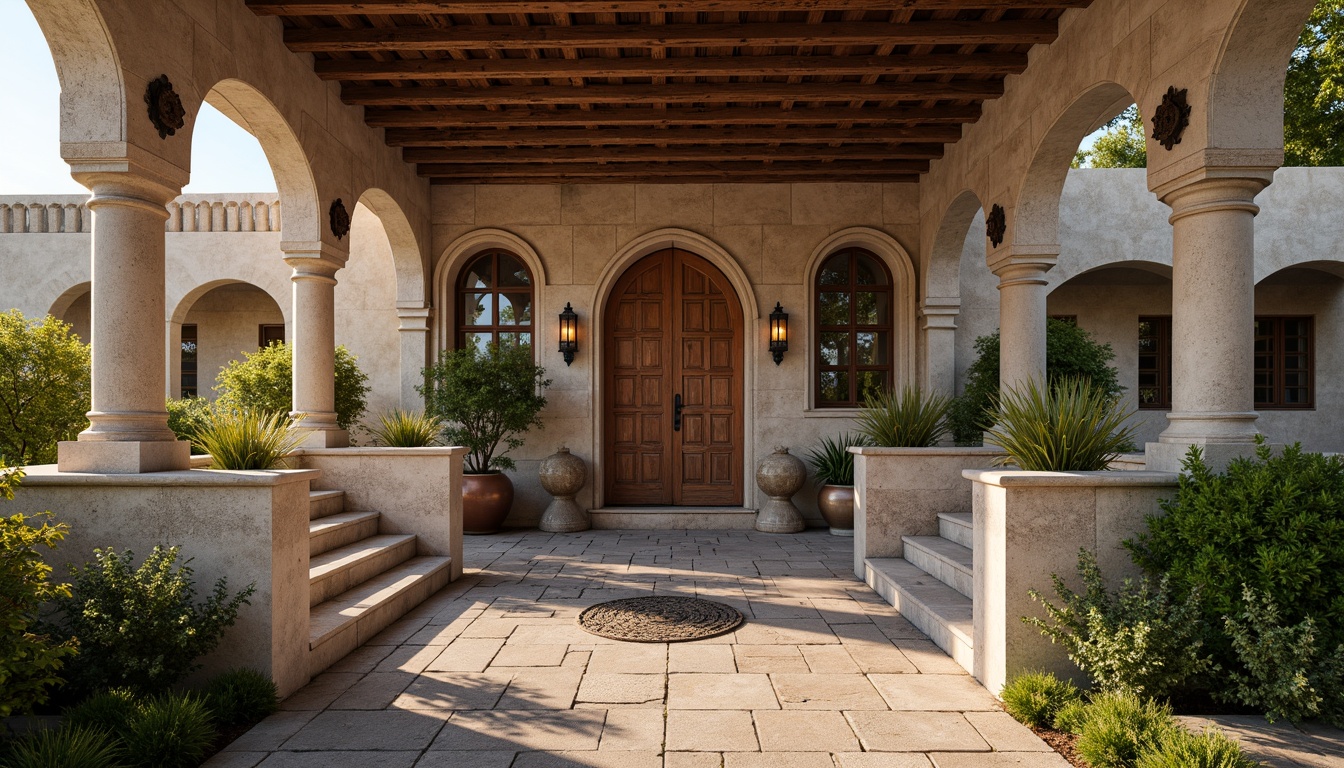 Prompt: Rustic stone walls, arched windows, ornate carvings, grand entrance doors, vaulted ceilings, ribbed arches, intricate mosaics, weathered copper accents, rough-hewn granite foundations, ornamental columns, worn brick pathways, lush greenery, warm golden lighting, soft focus, 1/2 composition, realistic textures, ambient occlusion.