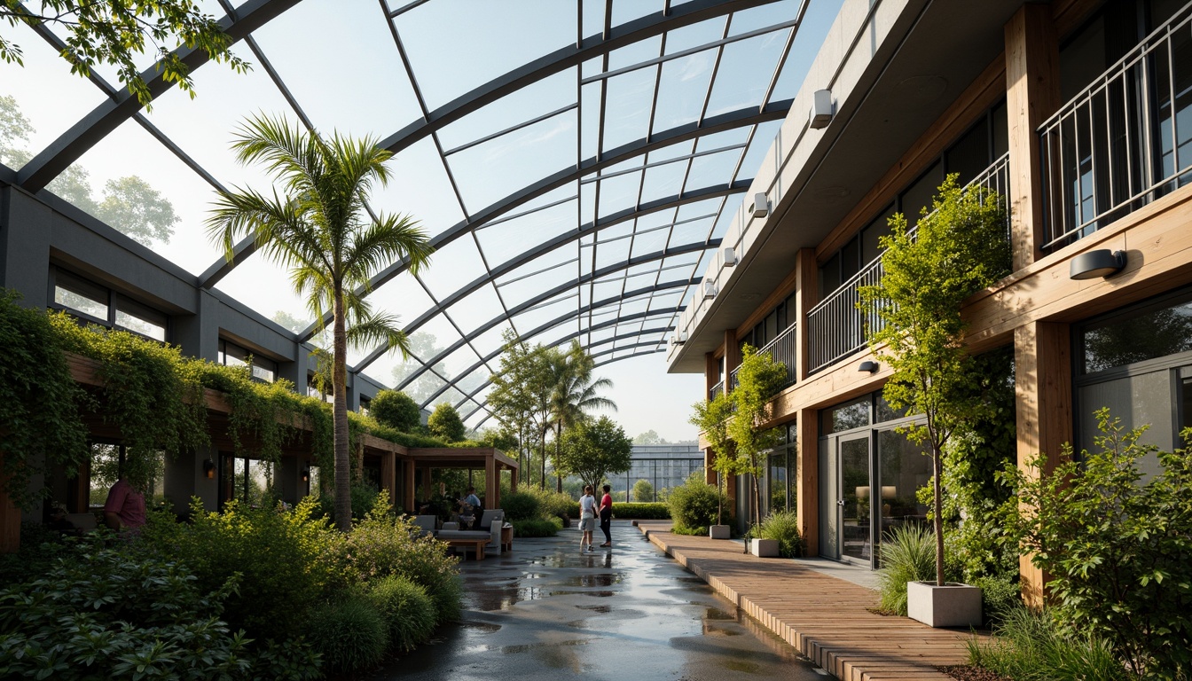 Prompt: Curved glass roofs, steel frames, transparent walls, lush greenery, tropical plants, misting systems, natural ventilation, wooden trellises, climbing vines, modern minimalist design, industrial chic aesthetic, polished metal accents, reclaimed wood textures, soft warm lighting, shallow depth of field, 3/4 composition, panoramic view, realistic reflections, ambient occlusion.