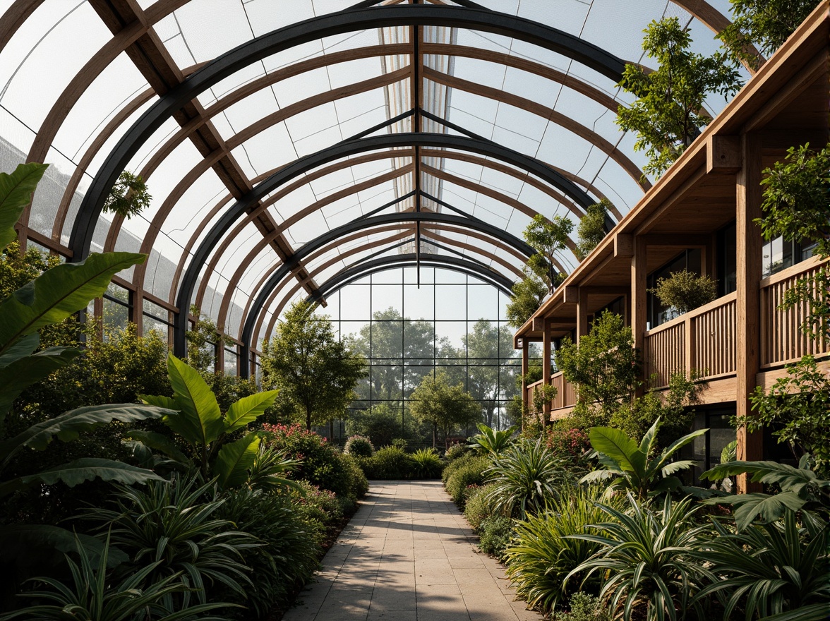 Prompt: Lush tropical plants, curved glass roofs, steel frames, wooden beams, transparent walls, natural ventilation systems, misting irrigation, climate-controlled environments, automated shading systems, photovoltaic panels, trellis structures, woven bamboo screens, earthy tones, warm diffused lighting, 1/2 composition, medium depth of field, realistic reflections.