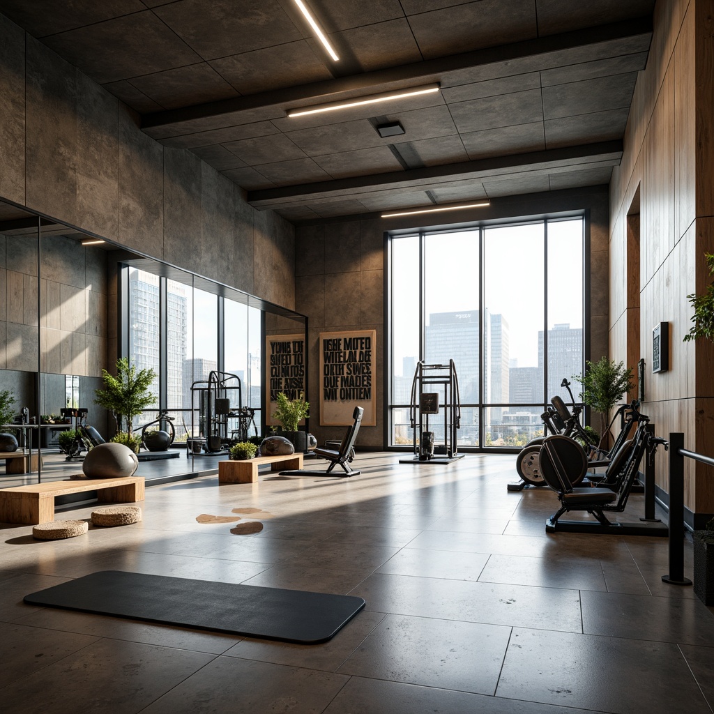 Prompt: Modern fitness center, high ceilings, polished concrete floors, mirrored walls, state-of-the-art exercise equipment, free weights area, cardio machines zone, yoga mats space, calming color scheme, natural light pouring in, large windows, cityscape views, urban vibe, metallic accents, reclaimed wood features, minimalist decor, motivational quotes, dynamic lighting system, futuristic ambiance, abstract patterns, bold typography, energetic atmosphere, shallow depth of field, 1/1 composition, realistic textures.