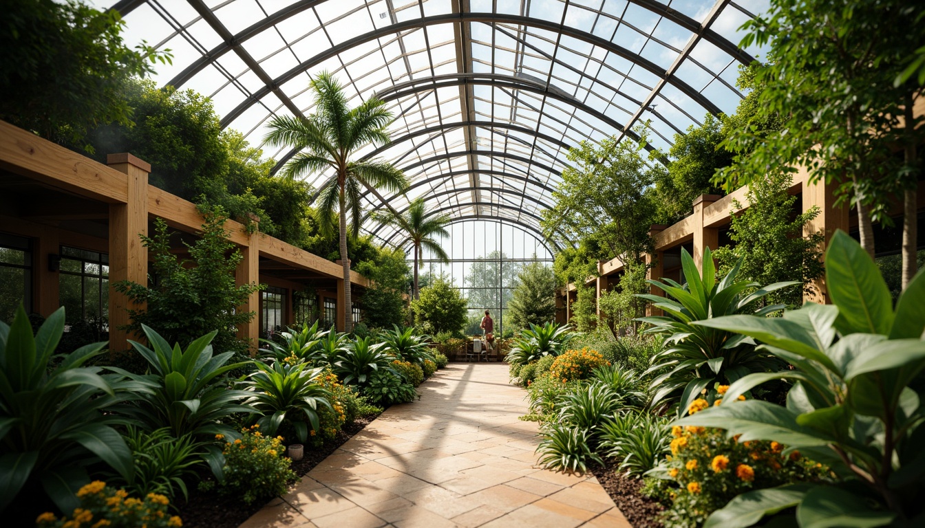 Prompt: Vibrant greenhouse interior, lush tropical plants, curved glass roof, steel beams, wooden trellis, natural stone walls, modern minimalist design, automatic irrigation systems, misting foggers, warm soft lighting, shallow depth of field, 3/4 composition, panoramic view, realistic textures, ambient occlusion.