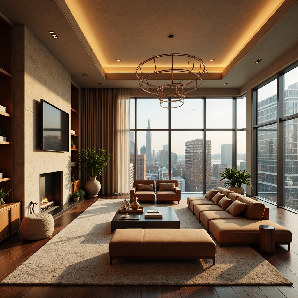 Prompt: Cozy living room, plush velvet sofas, warm beige walls, rich wood accents, soft golden lighting, elegant chandeliers, lavish area rugs, comfortable sectionals, decorative throw pillows, natural stone fireplaces, modern minimalist decor, floor-to-ceiling windows, panoramic city views, serene ambiance, calming color palette, textured wall finishes, sophisticated shelving units, stylish coffee tables, lush greenery, peaceful atmosphere, shallow depth of field, 1/2 composition, warm neutral tones.