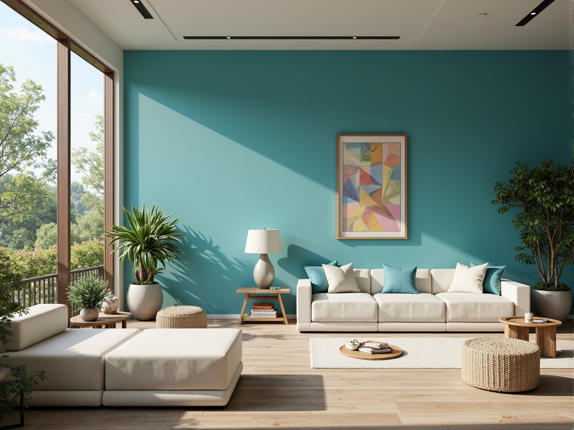 Prompt: Crisp azure walls, sleek modern architecture, minimalist decor, abstract artwork, polished chrome accents, soft cream furnishings, natural linen textures, subtle geometric patterns, ambient warm lighting, shallow depth of field, 1/1 composition, realistic renderings, calming atmosphere, serene ambiance, peaceful surroundings, lush greenery, blooming flowers, sunny day.