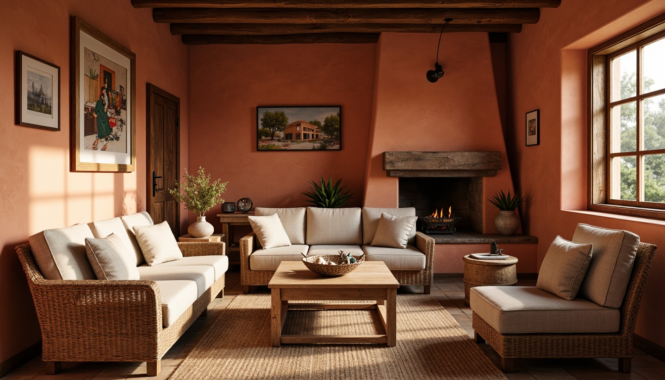 Prompt: Earthy tone regionalism, warm terracotta walls, rustic wooden accents, vintage metal decorations, distressed stone textures, soft warm lighting, cozy intimate spaces, natural linen fabrics, woven wicker furniture, earthy scent, subtle gradient effects, 1/1 composition, shallow depth of field, realistic ambient occlusion.