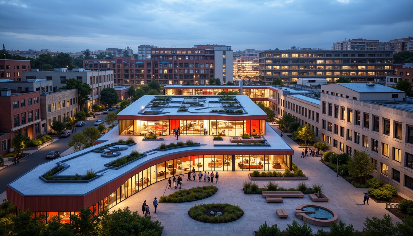 Prompt: Vibrant community center, modern facade systems, dynamic LED lighting, translucent glass panels, cantilevered roofs, irregular shapes, bold color schemes, energetic atmosphere, bustling streetscape, urban landscape, pedestrian-friendly pathways, accessible ramps, green roofs, solar panels, rainwater harvesting systems, sustainable materials, natural ventilation systems, open-air courtyards, flexible seating areas, interactive public art installations, warm evening lighting, shallow depth of field, 1/1 composition, realistic textures, ambient occlusion.