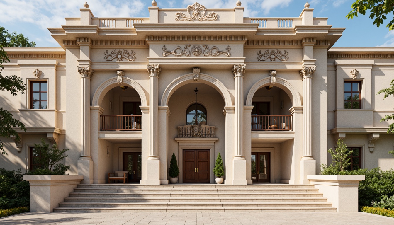 Prompt: Grand neoclassical facade, ornate details, symmetrical composition, ionic columns, carved stone decorations, arched windows, rusticated base, classic pediments, grand entranceways, sweeping staircases, elegant balustrades, refined moldings, subtle color palette, beige limestone, soft natural lighting, shallow depth of field, 2/3 composition, slight warm tone, realistic textures, ambient occlusion.